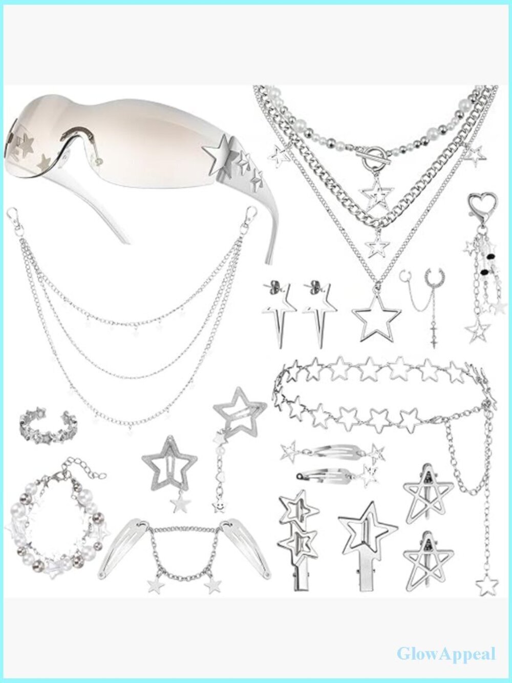20-Piece Y2K Jewelry Set with Sunglasses, Alloy Layered Necklaces, Waist Chain